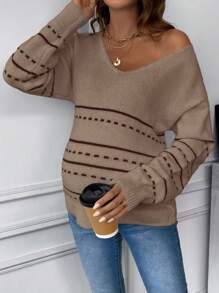 SHEIN Maternity Striped Drop Shoulder Sweater, For Winter - Khaki - View 3