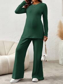 SHEIN Thai sản Màu thuần Đan Tay áo dài Bộ áo thun & Quần - Màu xanh Bạc hà - Xem 3