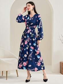 Mulvari 女士花卉印花燈籠袖連衣裙 - 藍色 - 查看 5