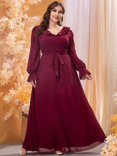 Plus Size Women's V-Neck Ruffle Trim Long Sleeve Chiffon Maxi Dress