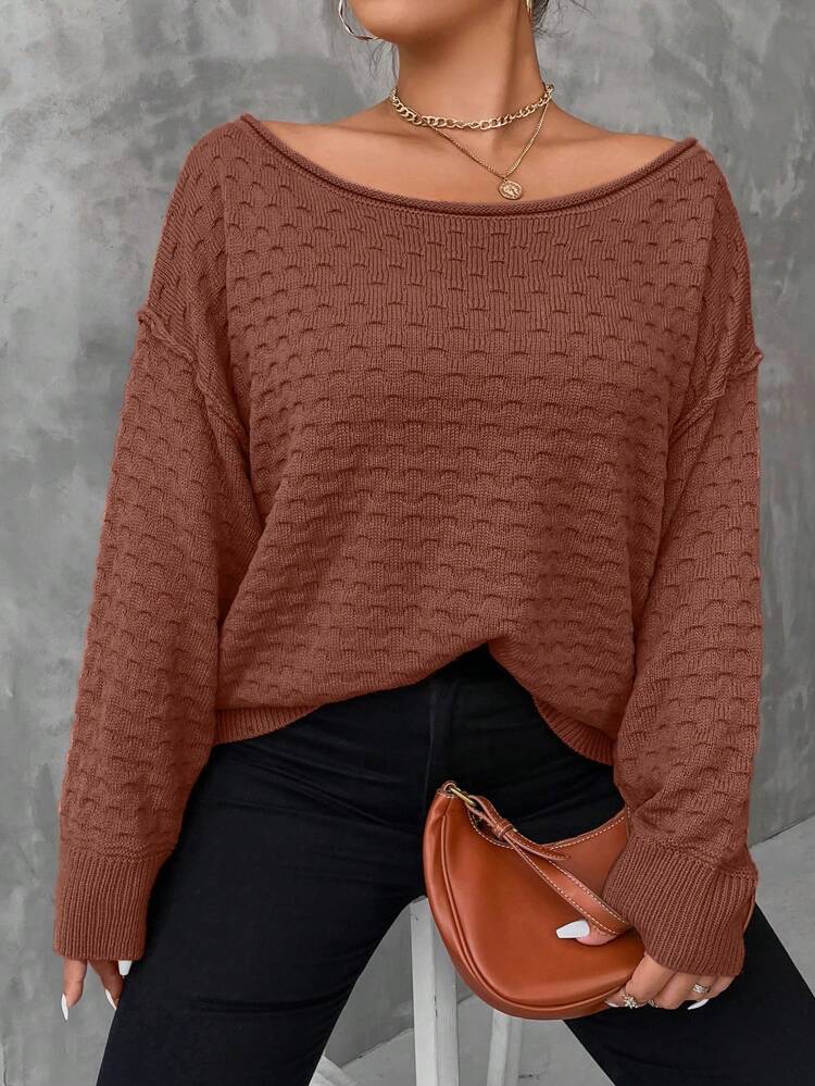 Plus Size Solid Color Boat Neck Drop Shoulder Sweater Knit Pullover Fall Winter Sweater