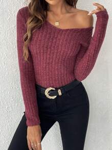 SHEIN Frenchy Solid V Neck Tee Winter Christmas Red New Year Burgundy Casual Spring Valentine's Day - Burgundy - View 6