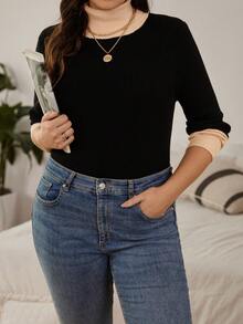 SHEIN Clasi Plus Size Color Block High Neck Sweater - Black - View 6