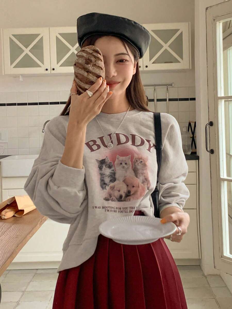 DAZY Của phụ nữ Thú vật Và Slogan In Áo nỉ - Xám - Xem 1