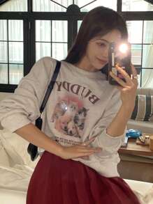 DAZY Của phụ nữ Thú vật Và Slogan In Áo nỉ - Xám - Xem 7