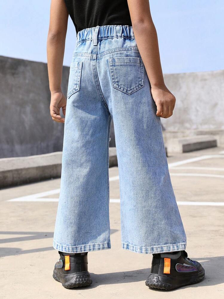 Jean Baggy Déchiré Fille – Taille Haute Élastique, Jambe Large, Papillon Floral Cœur Nœud – Style Y2K Esthétique Tendance Ado