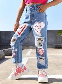 SHEIN Explorewe Young Girl Heart Print Ripped Straight Leg Jeans - Medium Wash - View 5