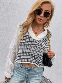 SHEIN Essnce Của phụ nữ Kẻ sọc Áo len dệt kim Với Xếp li Tay áo dài - Đen và trắng - Xem 3