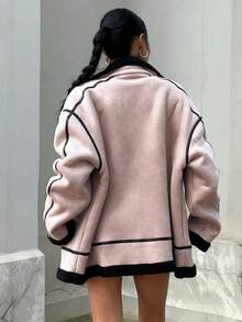 DAZY Của phụ nữ Vá lại Sọc Vòng cổ Thả vai Áo khoác - Bụi tím - Xem 3