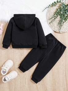 SHEIN Em bé Cô gái Dễ thương Giải trí Hình con mèo Áo nỉ có mũ Và Dài Quần Bộ - màu đen - Xem 2