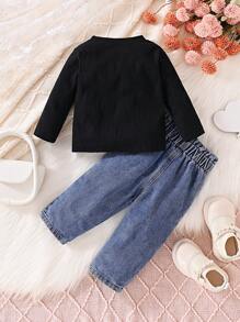 SHEIN 嬰兒男女純色t恤和牛仔褲套裝 - 粉色 - 查看 2