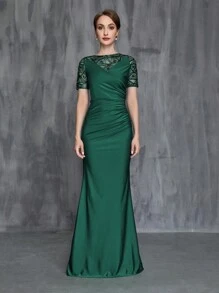 Women's Contrast Sequin Ruched Formal Dress - Dark Green - View 4