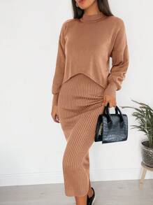 SHEIN Cottnline Mock Neck Drop Shoulder Sweater & Knit Dress - Camel - View 4