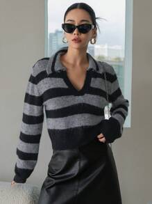 Dazy Designer Của phụ nữ Sọc Áo len Với Quay xuống Vòng cổ Và Thả vai - Nhiều màu - Xem 4