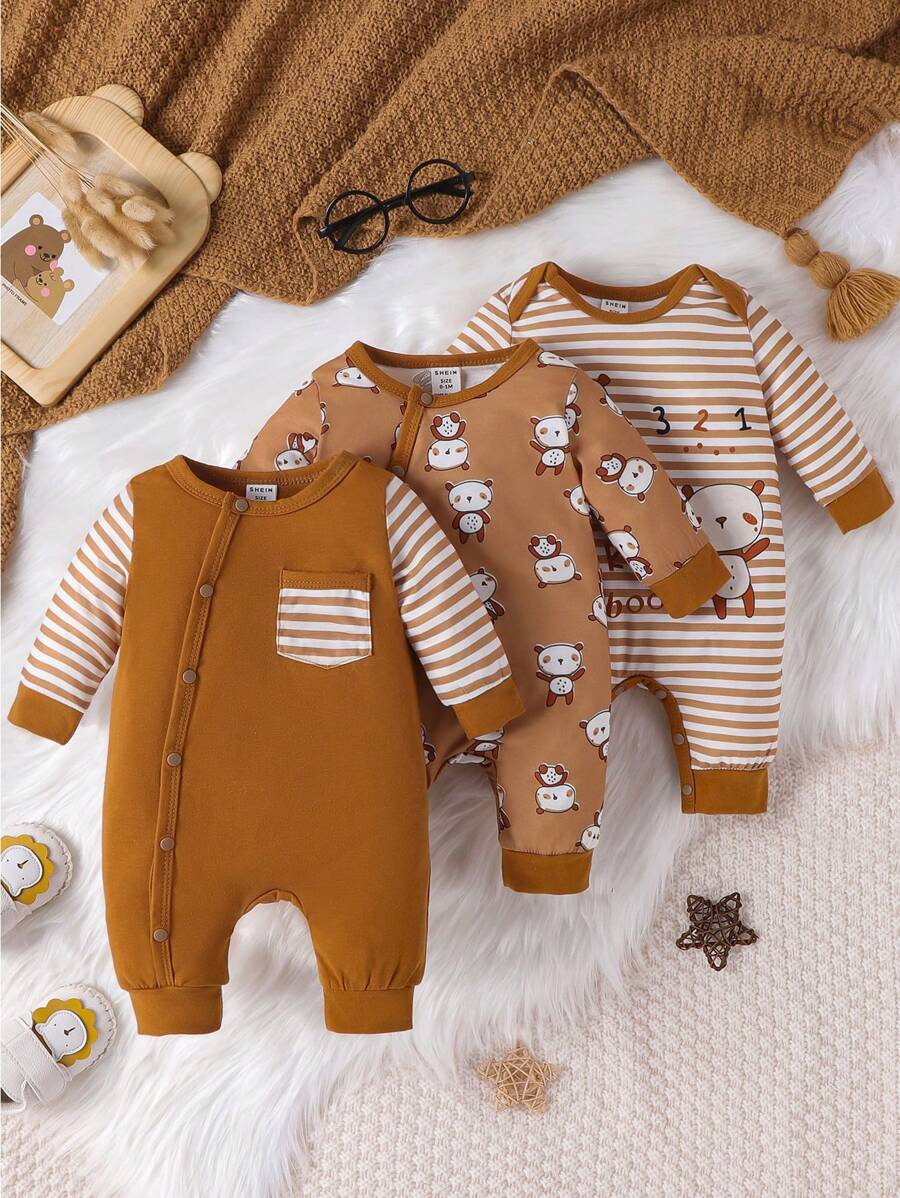 SHEIN 3pcs/Set Newborn Baby Boys' Striped Cartoon Printed Jumpsuit Outfit - Multicolor - View 1