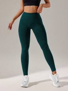 SHEIN Sports 女士無縫運動緊身褲 - 墨綠色 - 查看 4