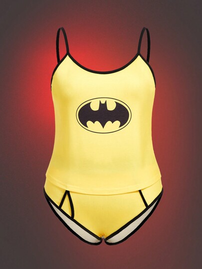 Batman X ROMWE Juego De Pijama De Talla Grande Con Estampado De Murciélago Y Tuberías Contrastantes