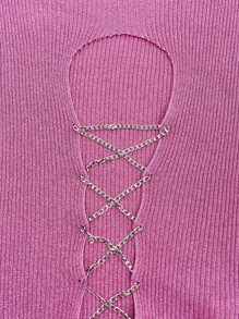 SHEIN BAE Rhinestone Lace Up Front Crop Sweater - Hot Pink - View 4