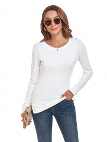 Women's Light Long Sleeve T-shirt With Round Neck That Fits Snugly - White - View 1