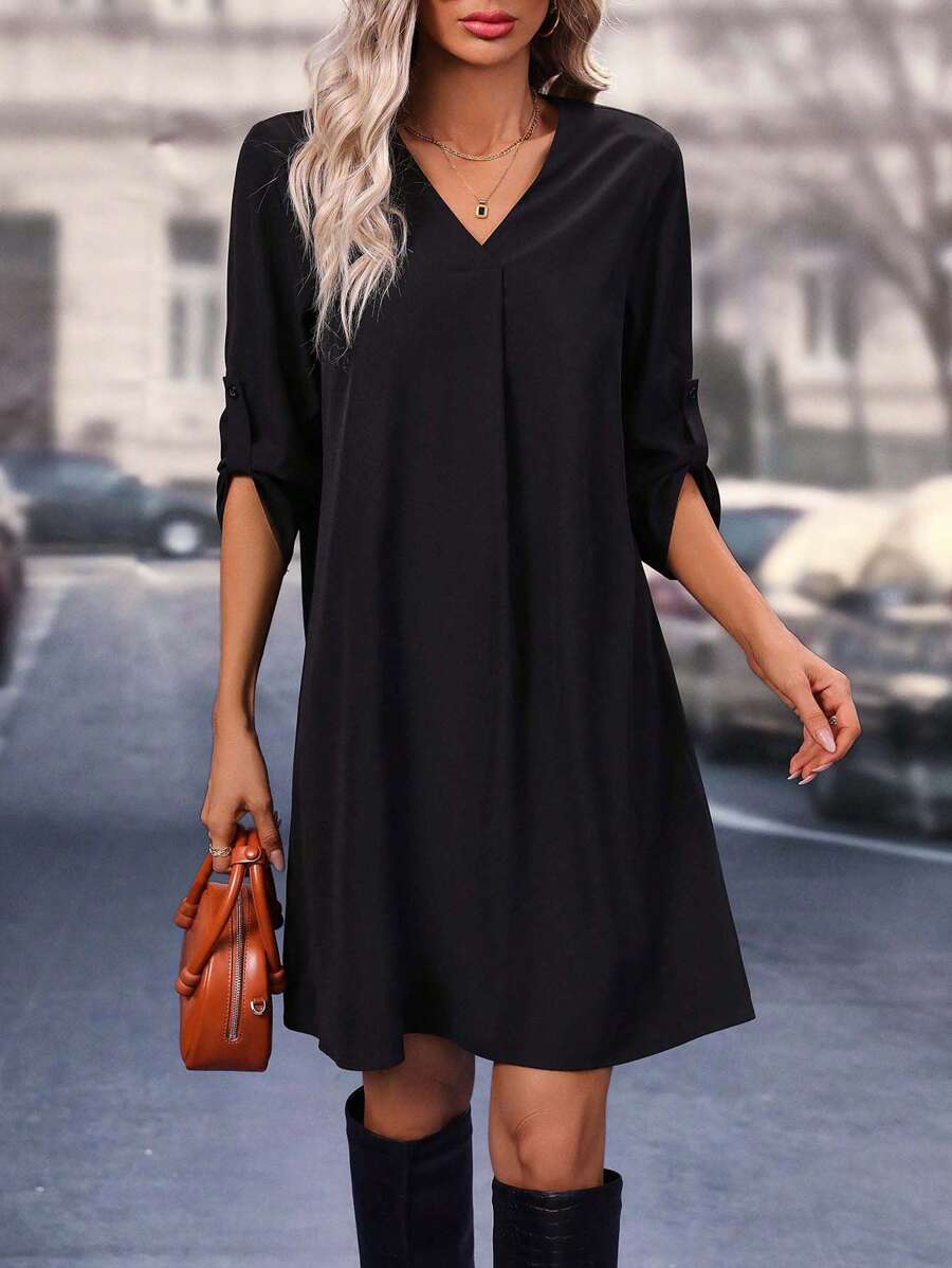 SHEIN LUNE V-neck Ruffled Sleeve Dress - Black - View 1