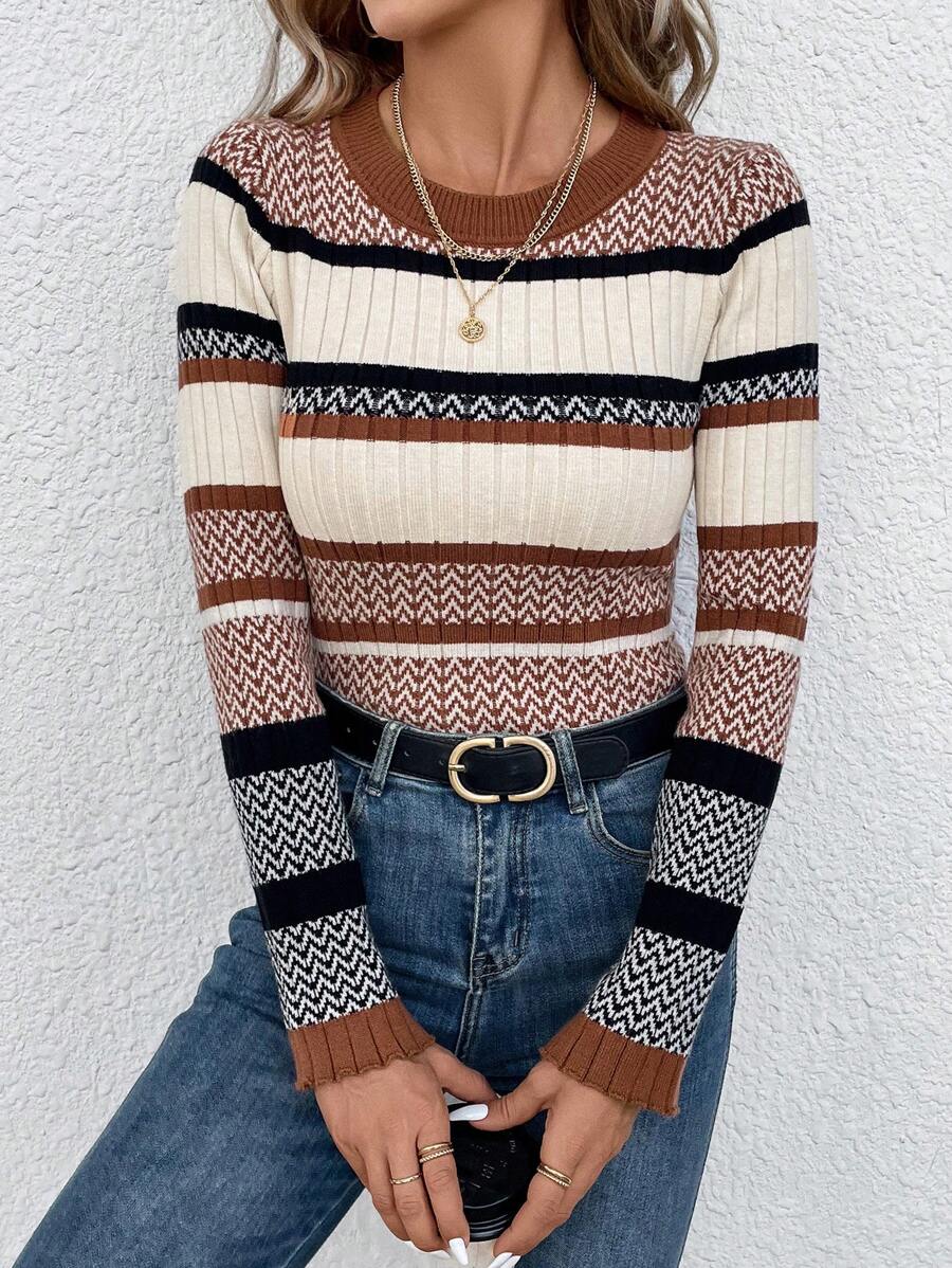 SHEIN LUNE Mô hình Chevron Khối màu Áo len - Nhiều màu - Xem 1