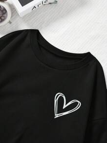 SHEIN Qutie Women's Plus Size Love Print Round Neck Sweatshirt - Black - View 3