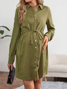 SHEIN Maternity Drawstring Waist Shirt Dress - Green - View 4