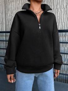 SHEIN Cottnline Women's Solid Color Drop Shoulder Zipper Front Sweatshirt - Black - View 2