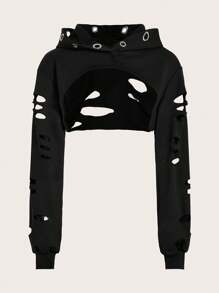 SHEIN ICON 素色破洞微短款連帽衫不附文胸 - 黑色 - 查看 1