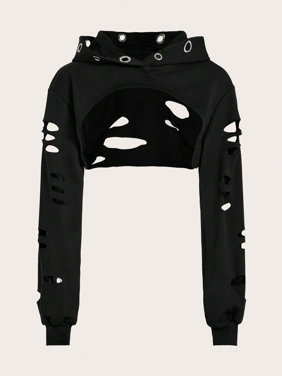 SHEIN ICON 素色破洞微短款連帽衫不附文胸 - 黑色 - 查看 1