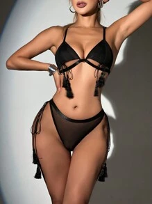 Của phụ nữ Nội y sexy Bộ Với Tua Buộc & Lưới Chất vải - màu đen - Xem 1