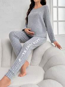 SHEIN Thai sản In thư Đồ đan Ribbed Bộ đồ ngủ - Xám - Xem 3