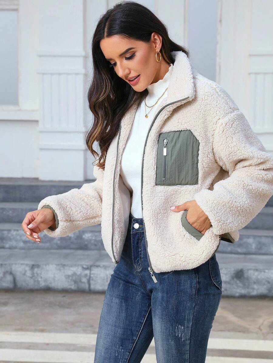 Women's Casual Everyday Zip-Up Contrast Color Sherpa Jacket, Autumn/Winter Spring - Beige - View 1