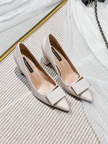 7cm經典尖頭粗跟高跟泵鞋,適用於辦公室女士 - 杏色 - 查看 2