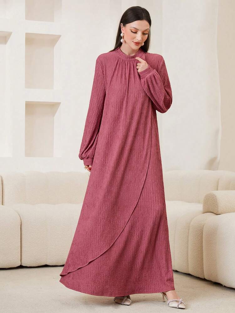 Ladies' Fashionable Solid Color Round Neck Long Sleeve Dress