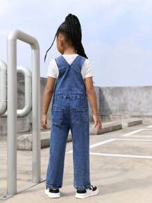 Cô Gái Trẻ Đã vá Túi Quần yếm Denim - Rửa tối - Xem 2