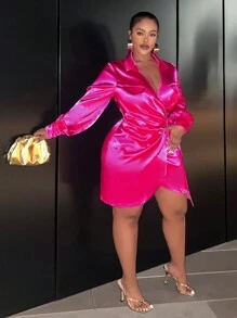 Slaydiva Women's Plus Size Wrapped Knot Design Dress - Hot Pink - View 5