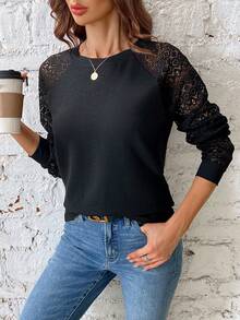 SHEIN Privé 女款花邊拼接長袖棉衣 - 黑色 - 查看 6