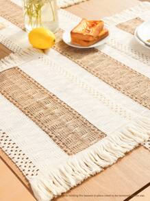 SHEIN Basic living 1Pc Linen Blend Table Runner Placemat With Geometric Tassel Design For Kitchen Dining Table - Multicolor - View 4