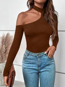 SHEIN BAE Asymmetric Neckline Solid Color T-shirt - Brown - View 4