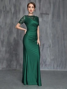 Women's Contrast Sequin Ruched Formal Dress - Dark Green - View 5