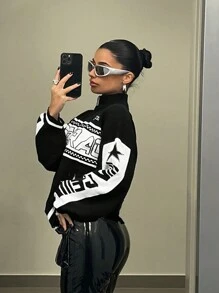 SHEIN ICON 秋装女式字母图案落肩黑色开衫、长袖上衣 - 黑與白 - 查看 3