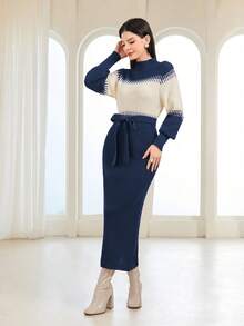 Mulvari Của phụ nữ Tương phản Màu sắc Coa dây Đầm Áo len - Màu xanh lam - Xem 4