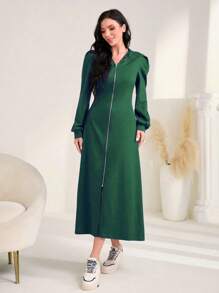 Seusyu Women's Solid Color Puff Sleeve Zipper Front Dress Fall Cloth For Women - Dark Green - View 5