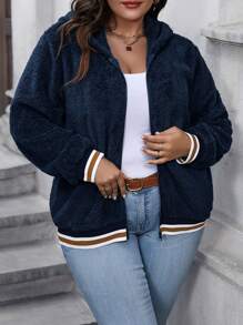 SHEIN LUNE Plus Size Color Blocking Stripe Shearling Coat With Hood - Navy Blue - View 6