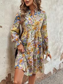 SHEIN LUNE 印花喇叭袖荷葉邊洋裝 - 彩色 - 查看 4