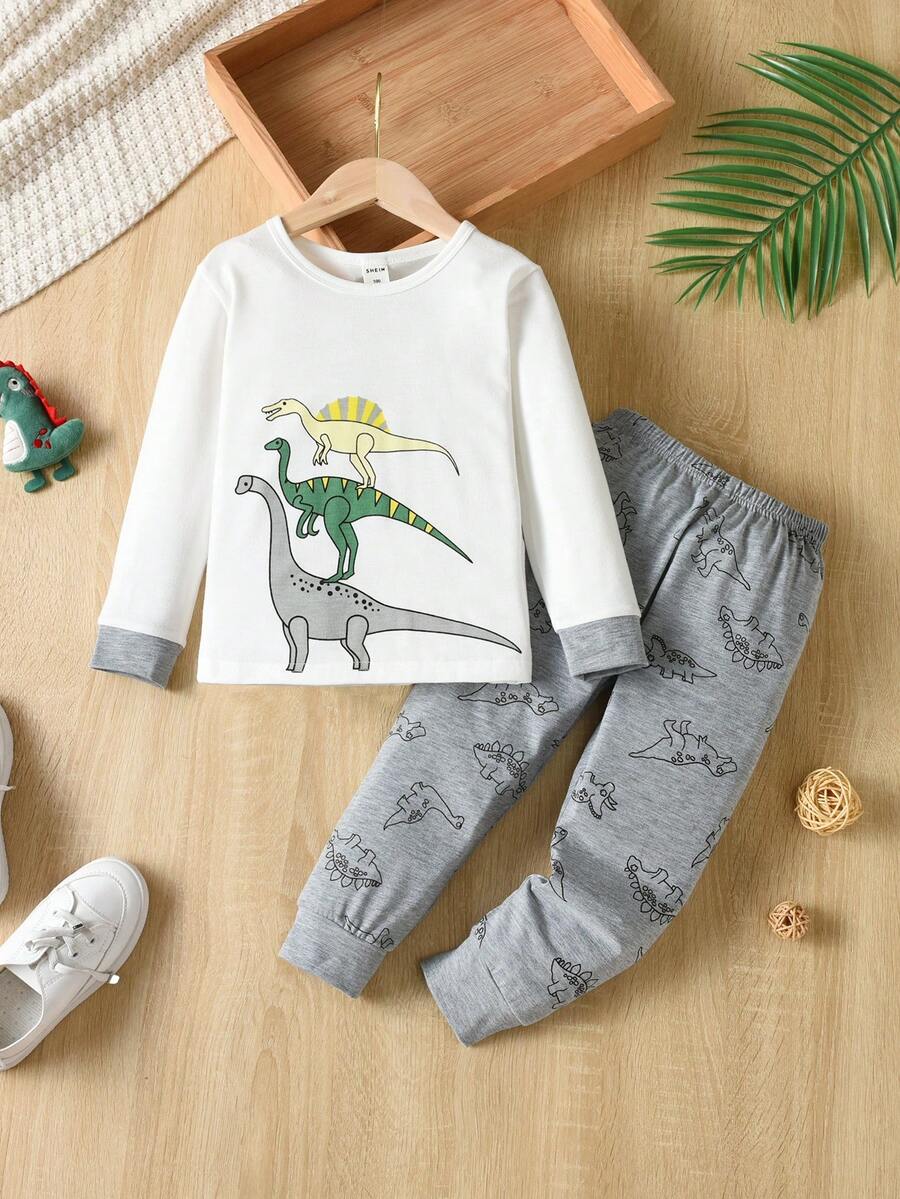 SHEIN 小男童恐龍圖案運動衫和運動褲 - 彩色 - 查看 1