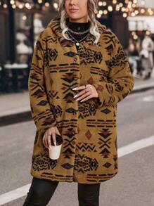 EMERY ROSE Plus Geo Print Drop Shoulder Curved Hem Button Front Padded Coat Thermal, For Winter Clothes - Brown - View 3