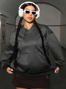 SHEIN EZwear Women's Plus Size Drawstring Hooded Sweatshirt - Grey - View 4