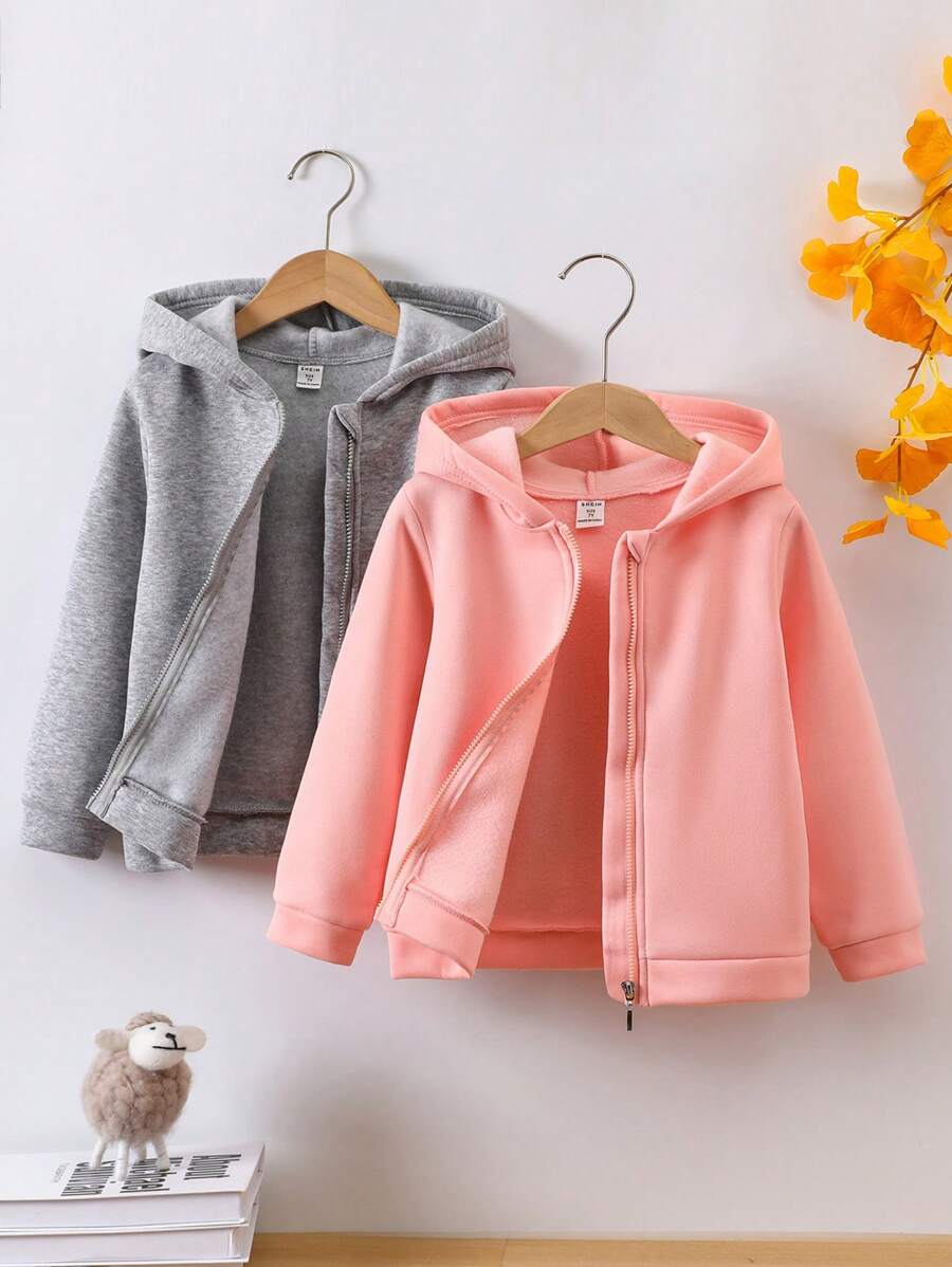 SHEIN Young Girl 2pcs Solid Zip Up Hooded Jacket - Multicolor - View 1